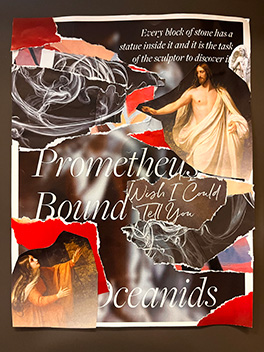 A beatiful collage made from magazine scraps. Features biblical characters, inspirational quotes, and a theme of reds and blacks.