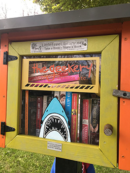A 'Free Little Library' with a Shark logo painted on it for a shop called 'the geekery'.