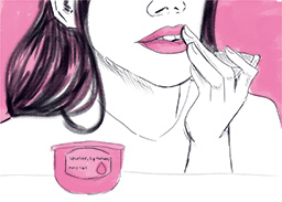 A mainly black and white sketch of a woman applying lip balm, with the Vaseline itself and the woman's lips being highlighted pink.